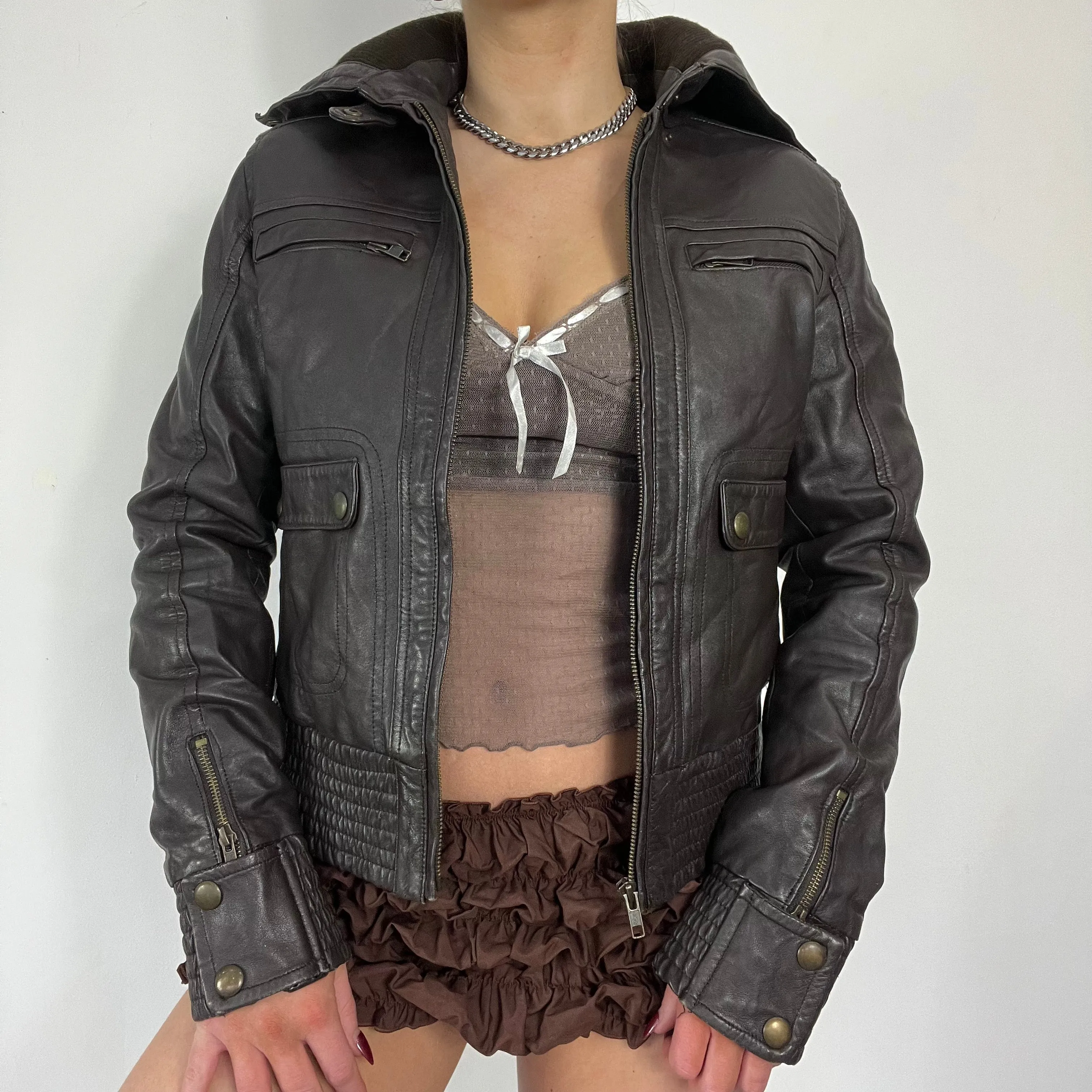 90s dark brown cargo style leather jacket - Size S/M