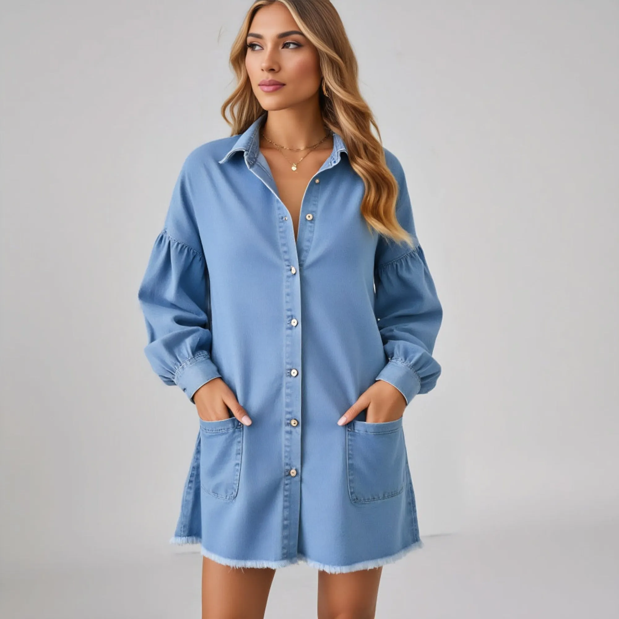 Button Front Long Sleeve Denim Mini Dress Patch Pockets Frayed Hem