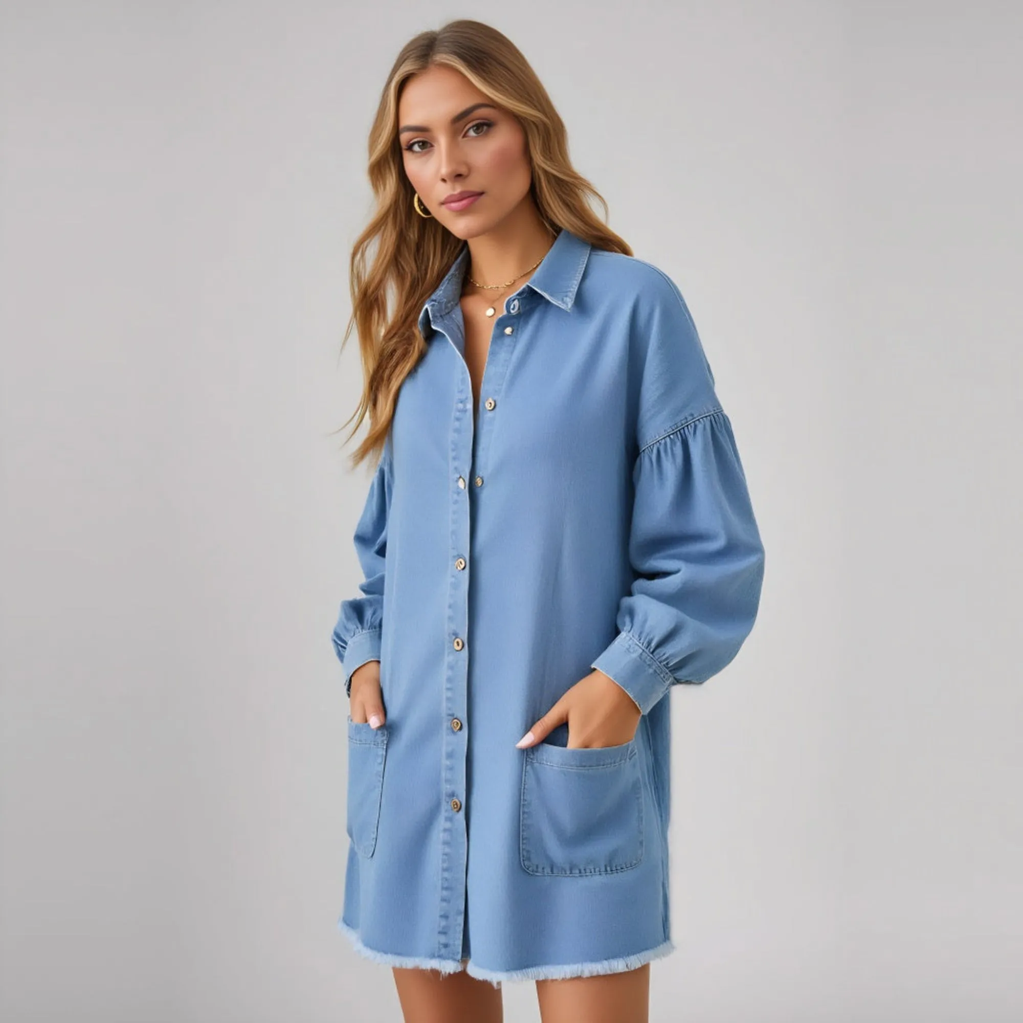 Button Front Long Sleeve Denim Mini Dress Patch Pockets Frayed Hem