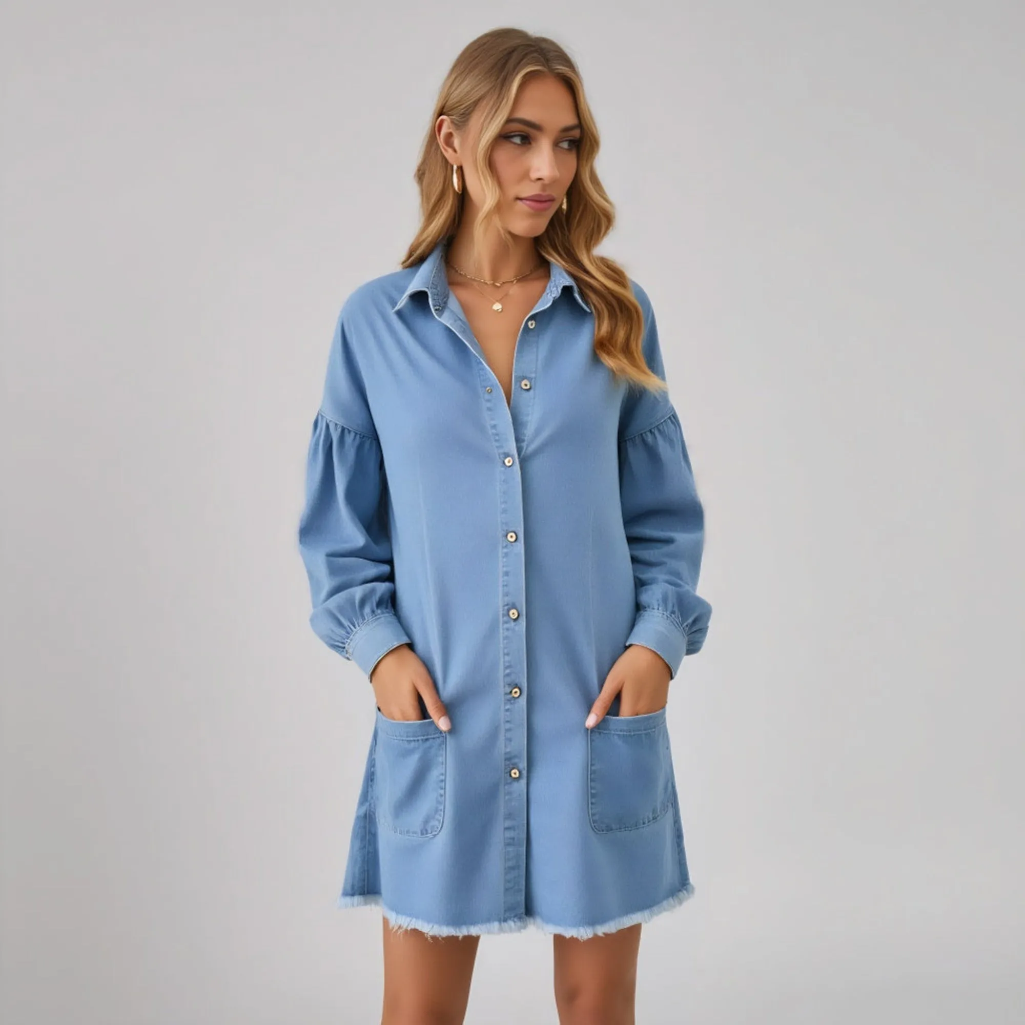 Button Front Long Sleeve Denim Mini Dress Patch Pockets Frayed Hem