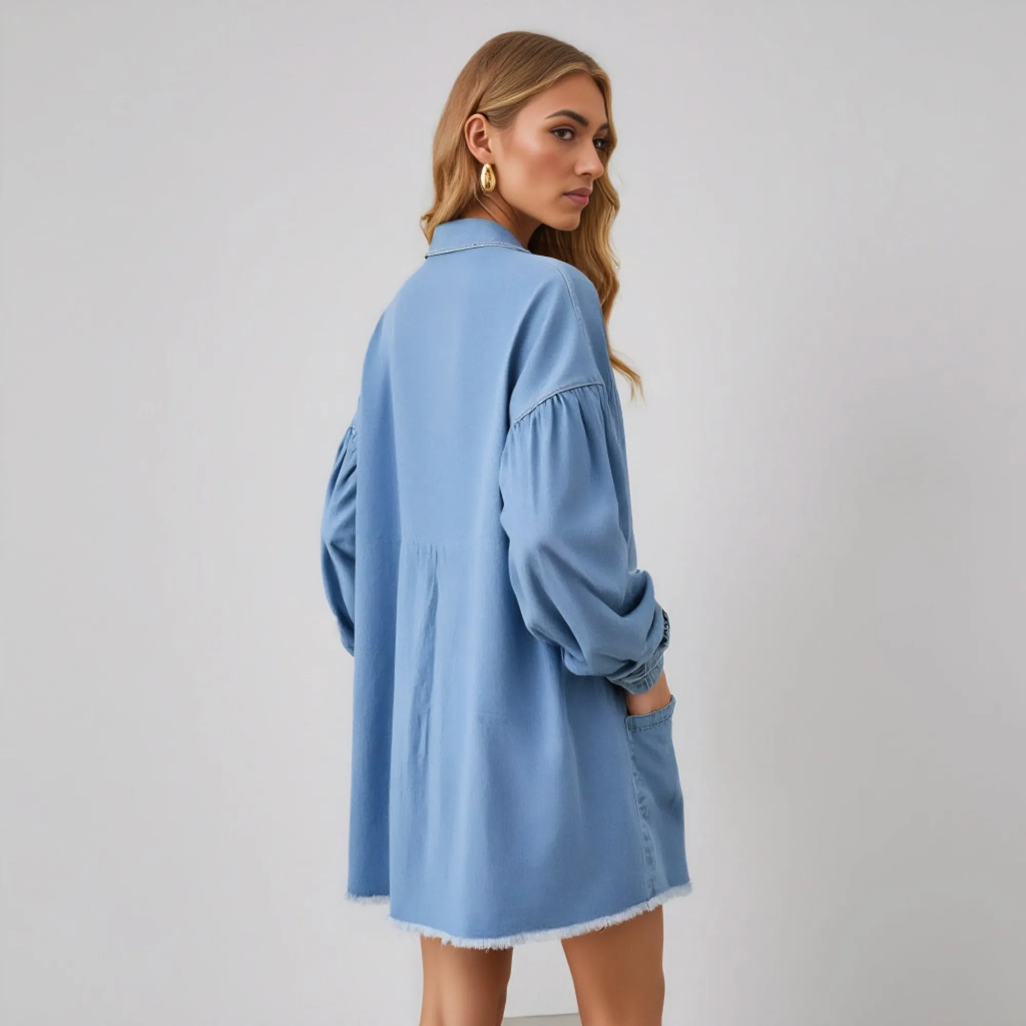 Button Front Long Sleeve Denim Mini Dress Patch Pockets Frayed Hem