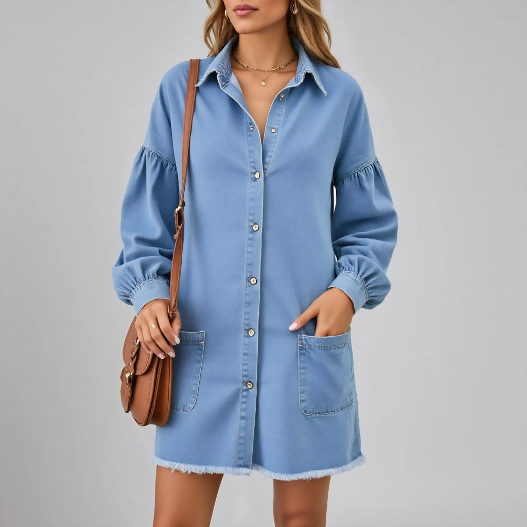 Button Front Long Sleeve Denim Mini Dress Patch Pockets Frayed Hem