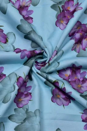 (Cut Piece 0.5 Mtr) Light Blue Flower Print Digital Crepe Fabric