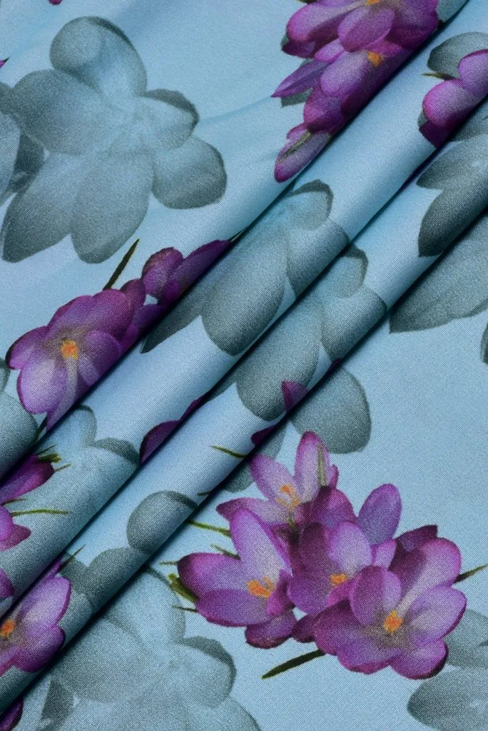 Light Blue Flower Print Digital Crepe Fabric