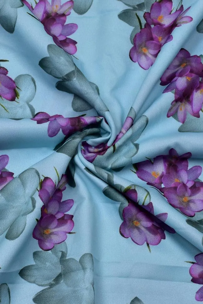Light Blue Flower Print Digital Crepe Fabric