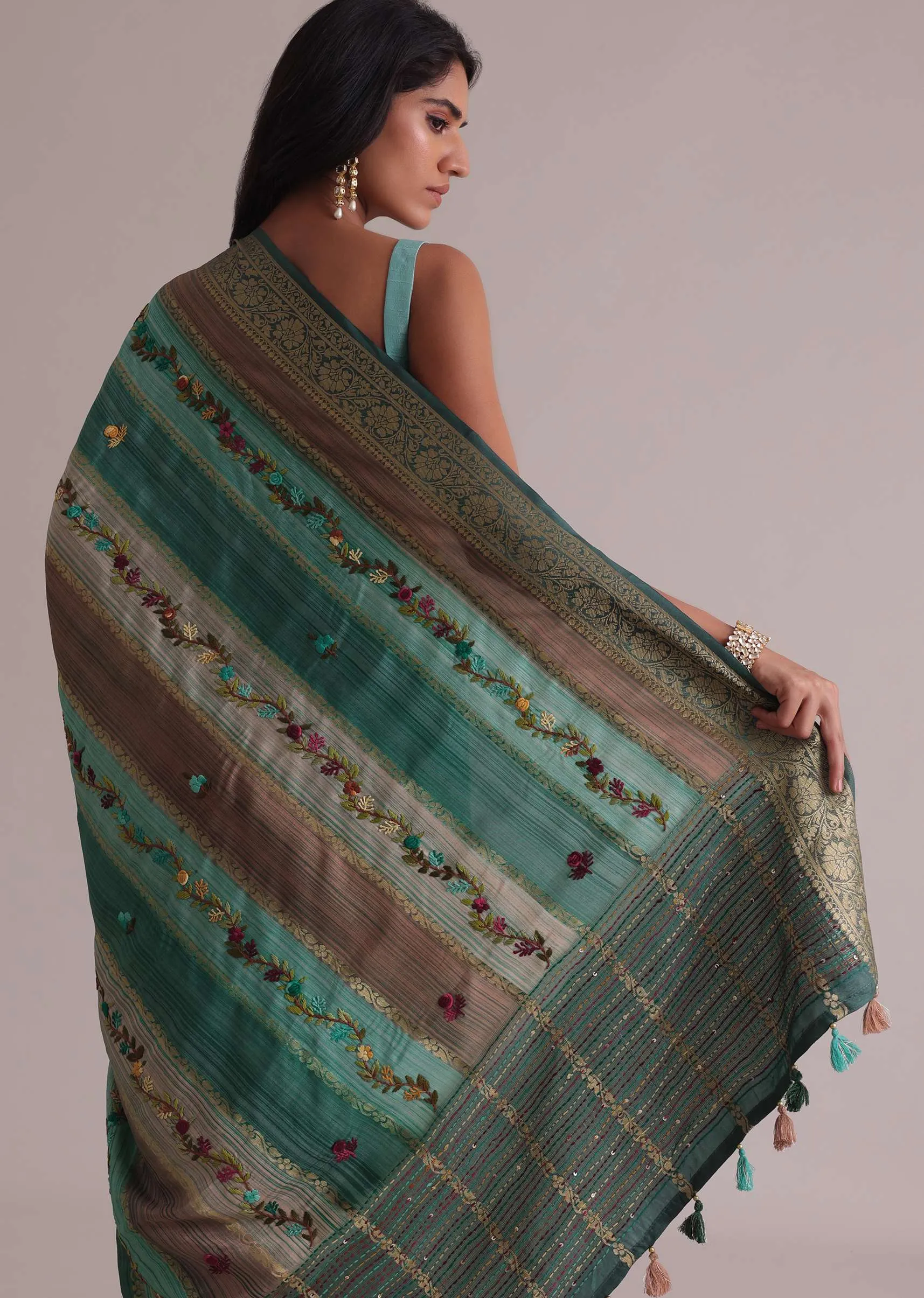 Light Green Resham 3D Bud Embroidered Saree With Brocade And Thread Work In Crepe