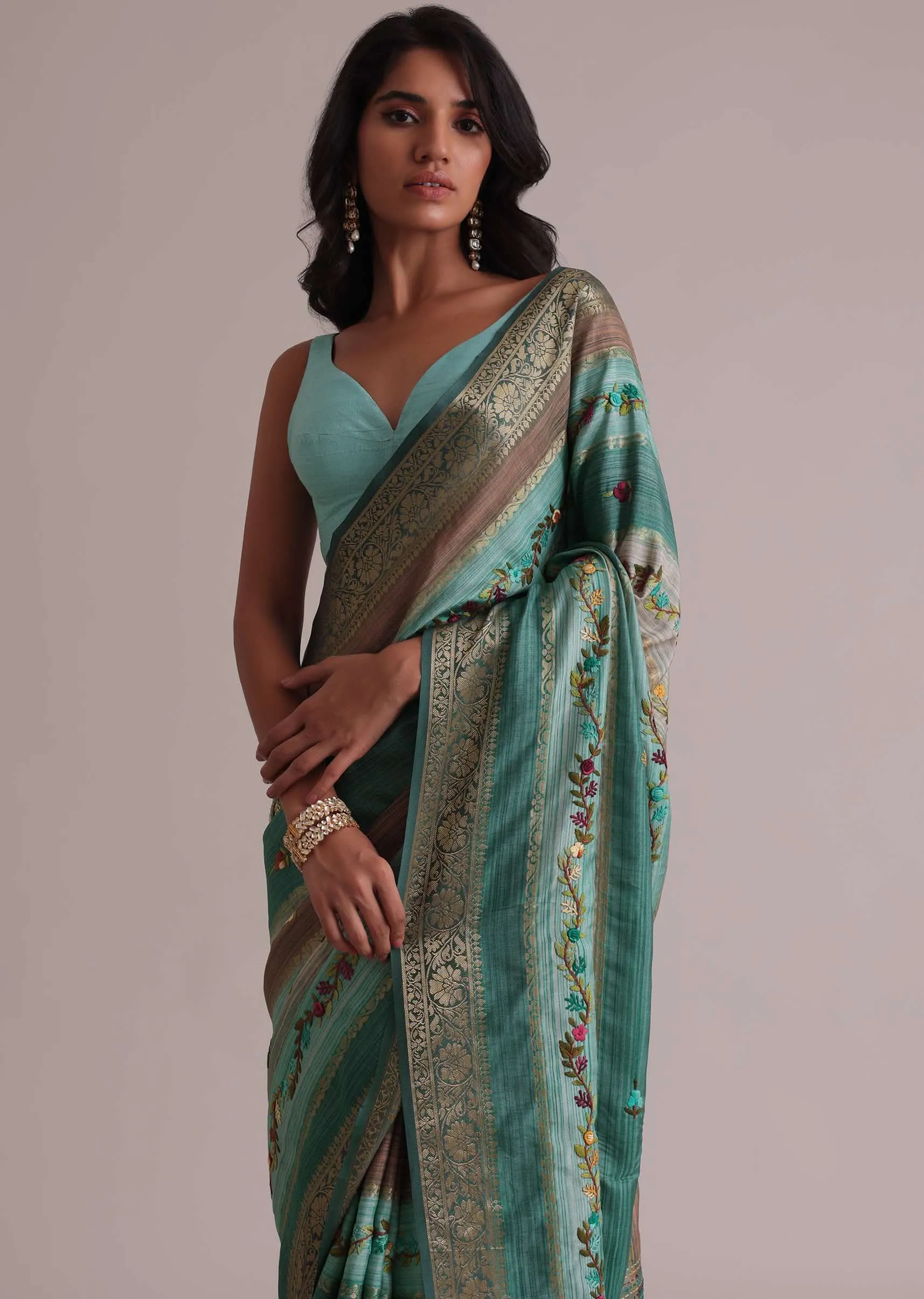 Light Green Resham 3D Bud Embroidered Saree With Brocade And Thread Work In Crepe