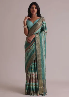 Light Green Resham 3D Bud Embroidered Saree With Brocade And Thread Work In Crepe