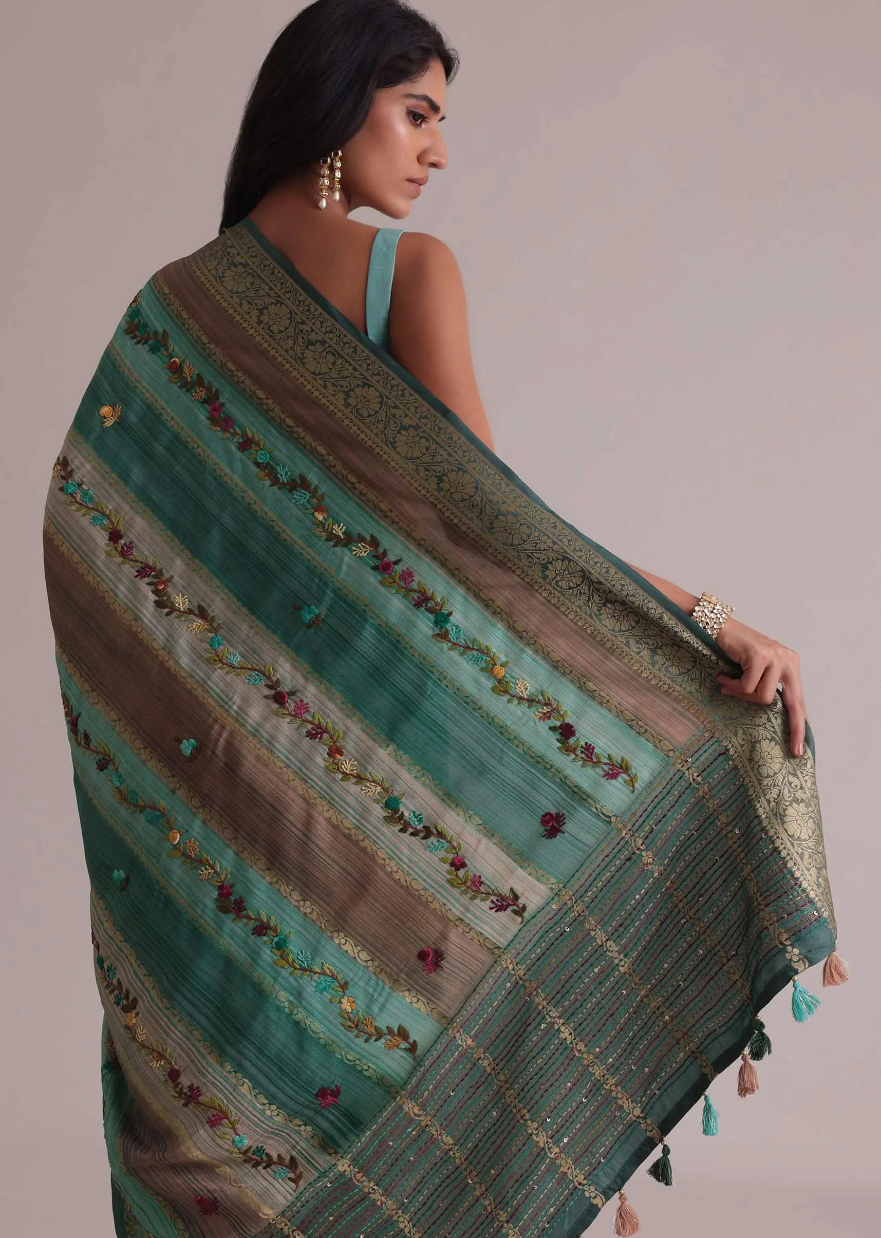 Light Green Resham 3D Bud Embroidered Saree With Brocade And Thread Work In Crepe