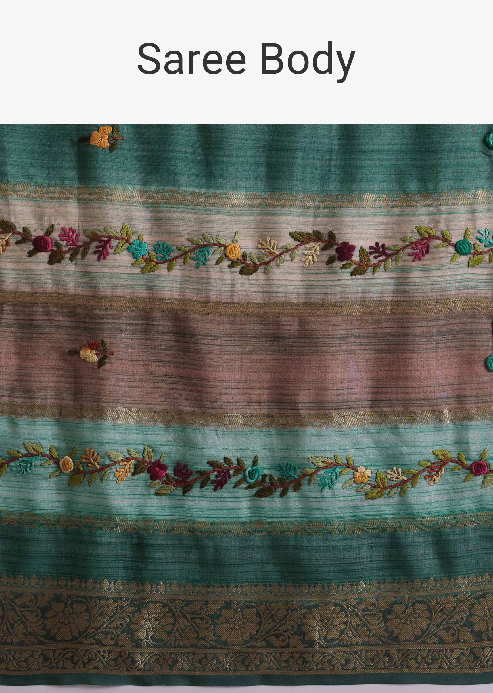 Light Green Resham 3D Bud Embroidered Saree With Brocade And Thread Work In Crepe