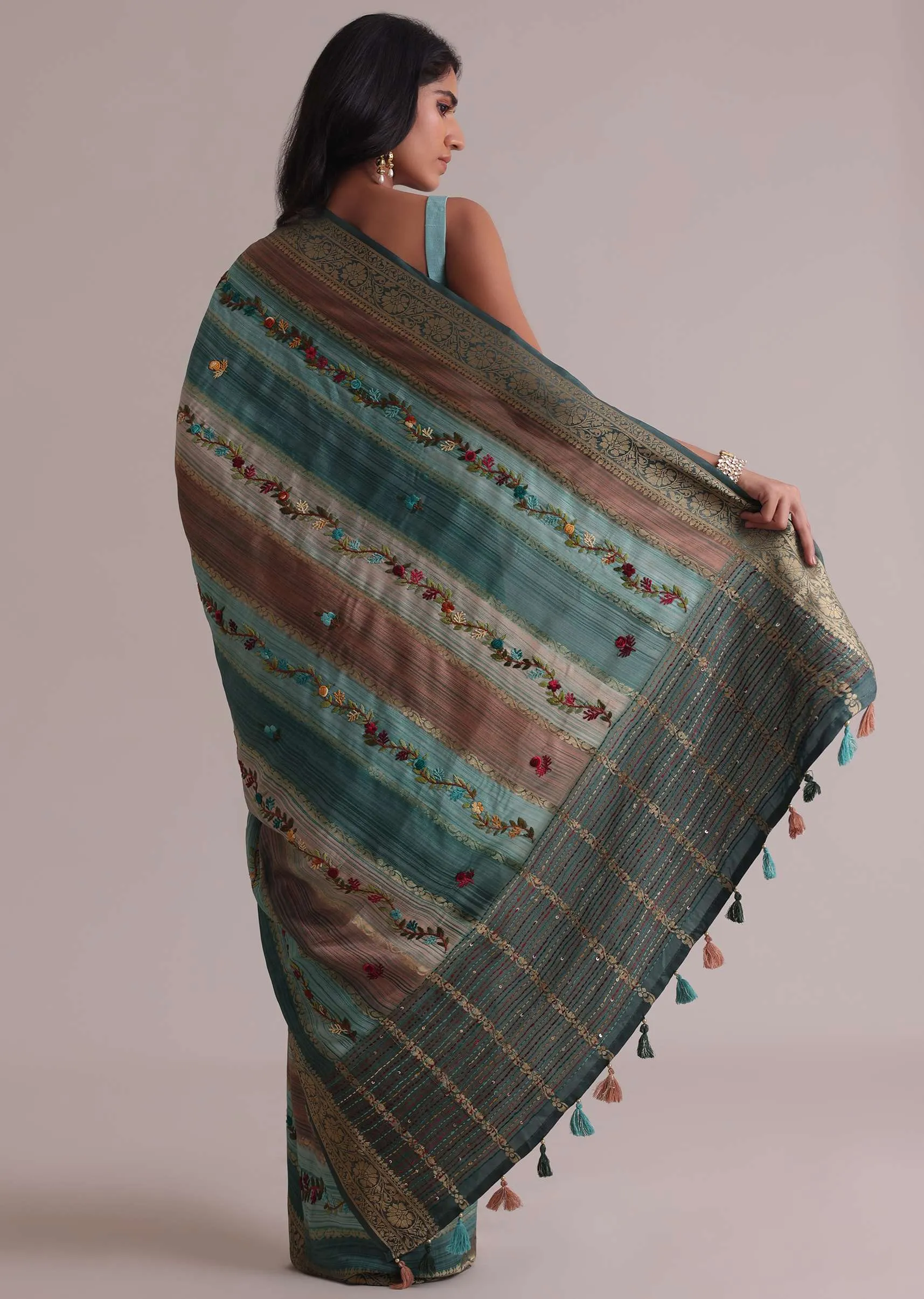 Light Green Resham 3D Bud Embroidered Saree With Brocade And Thread Work In Crepe