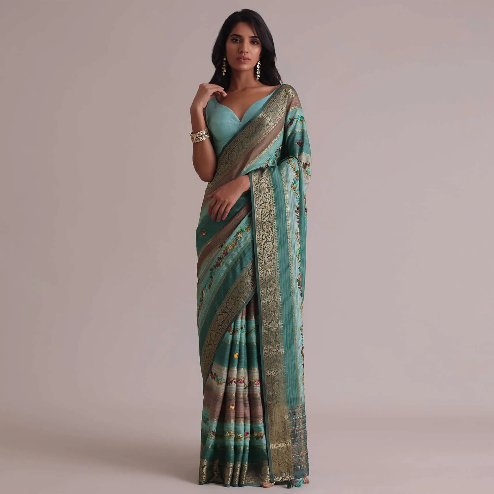 Light Green Resham 3D Bud Embroidered Saree With Brocade And Thread Work In Crepe