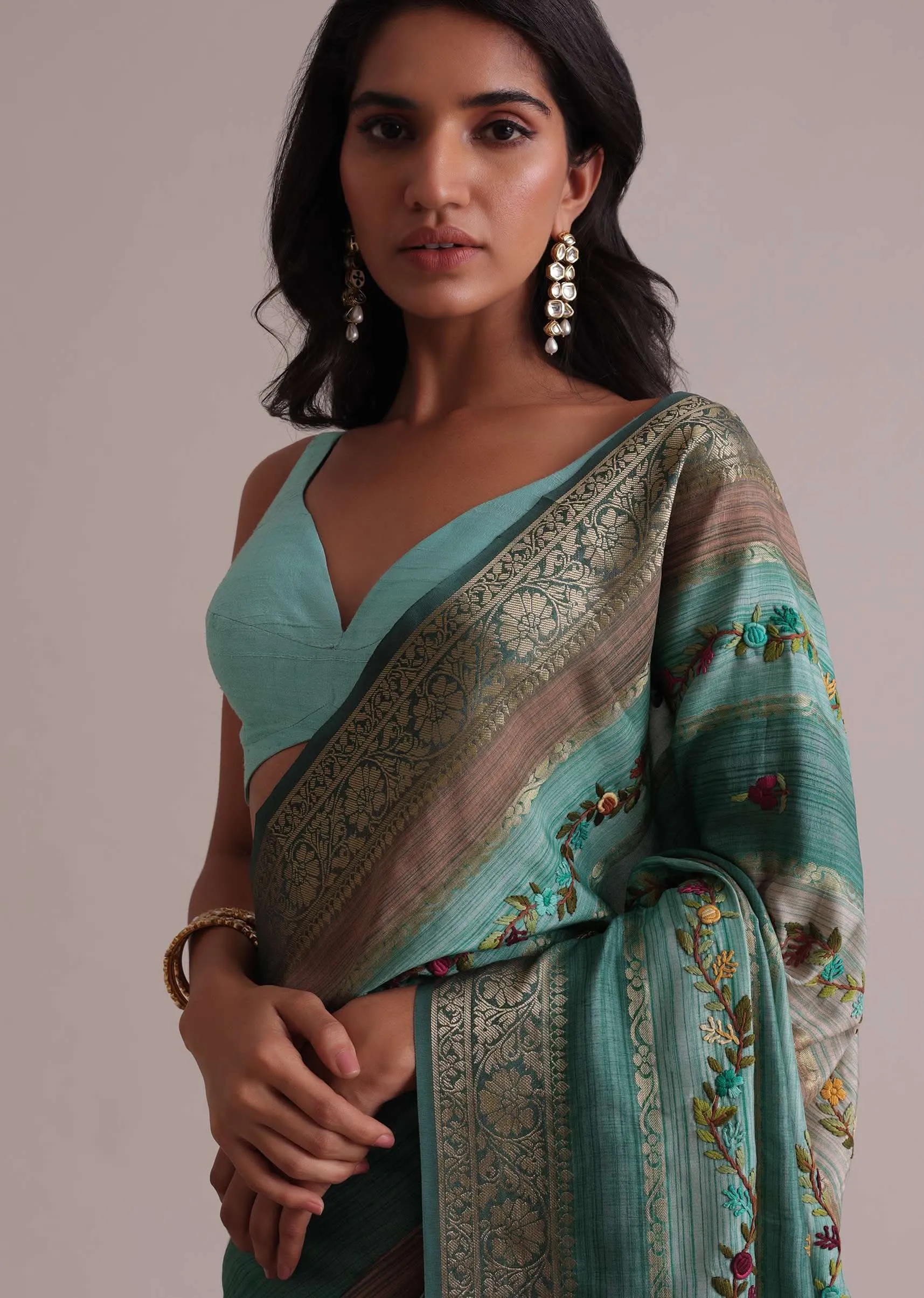 Light Green Resham 3D Bud Embroidered Saree With Brocade And Thread Work In Crepe