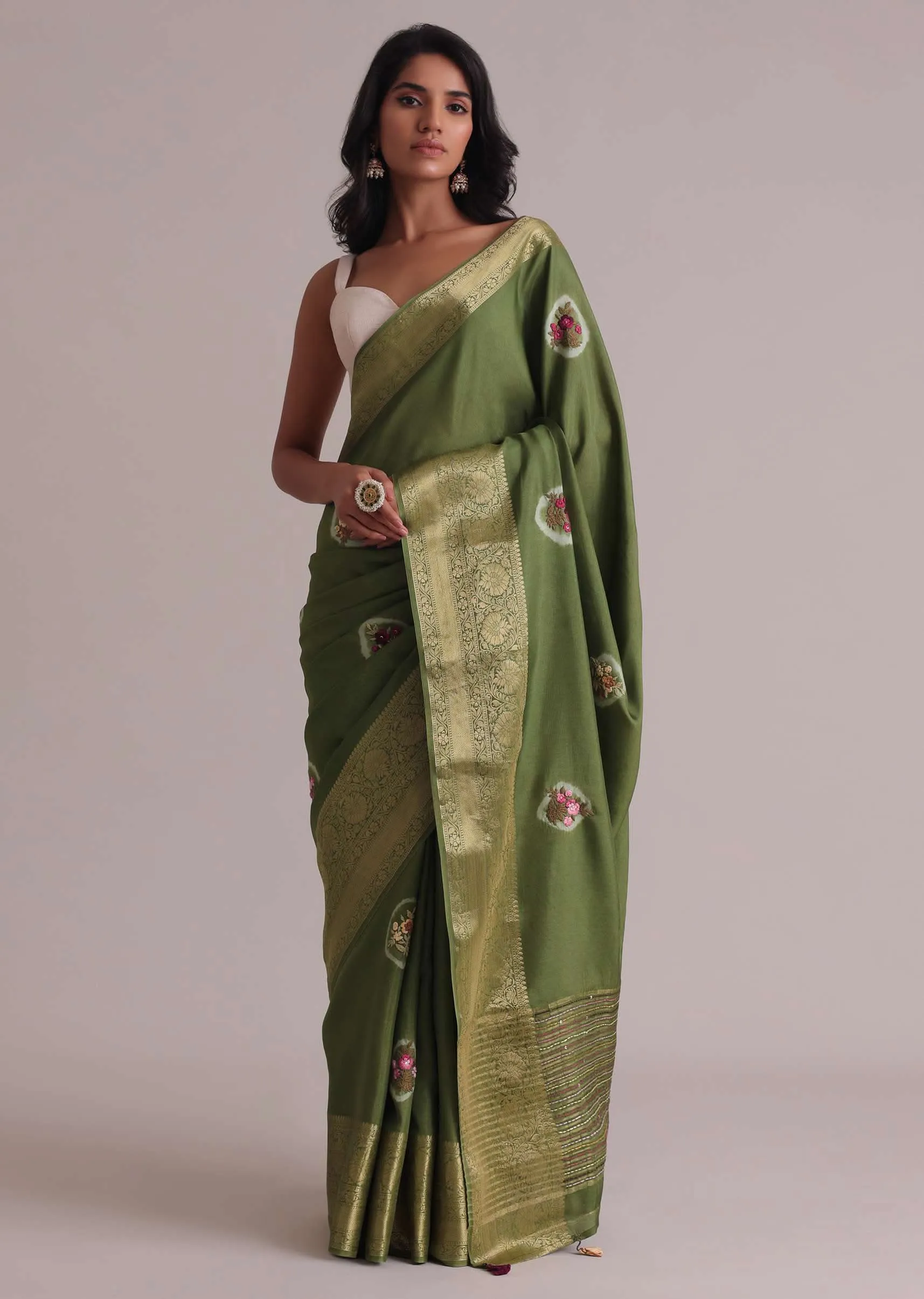Light Green Resham 3D Bud Embroidered Saree With Brocade And Thread Work In Dola Crepe
