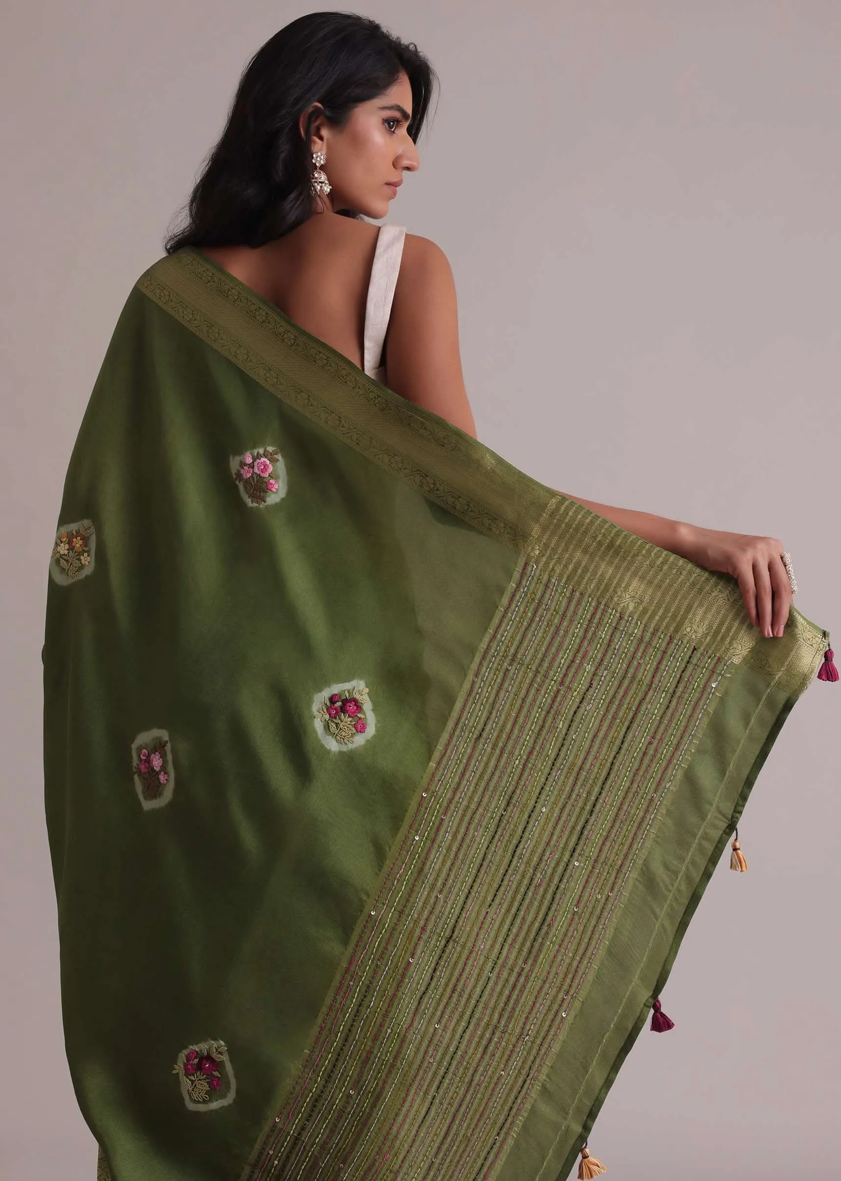 Light Green Resham 3D Bud Embroidered Saree With Brocade And Thread Work In Dola Crepe