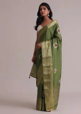 Light Green Resham 3D Bud Embroidered Saree With Brocade And Thread Work In Dola Crepe