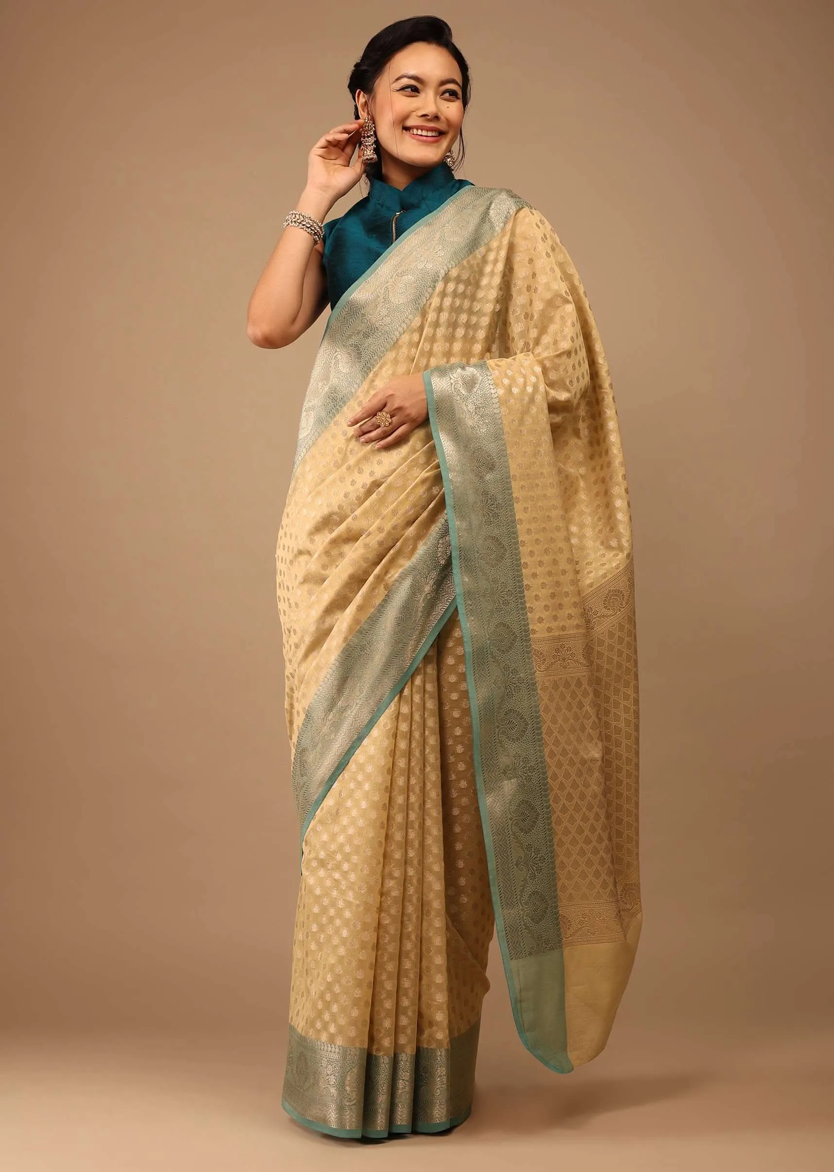 Light Yellow Saree In Banarsi Chanderi And Pure Handloom Cotton