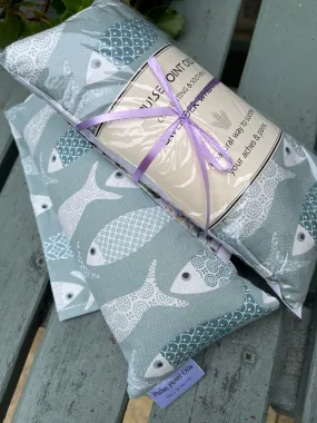 Long lavender scented wheat bags, in a yellow floral fish print. Holistic heat pad for aches and pains. New mum care package heat wrap.