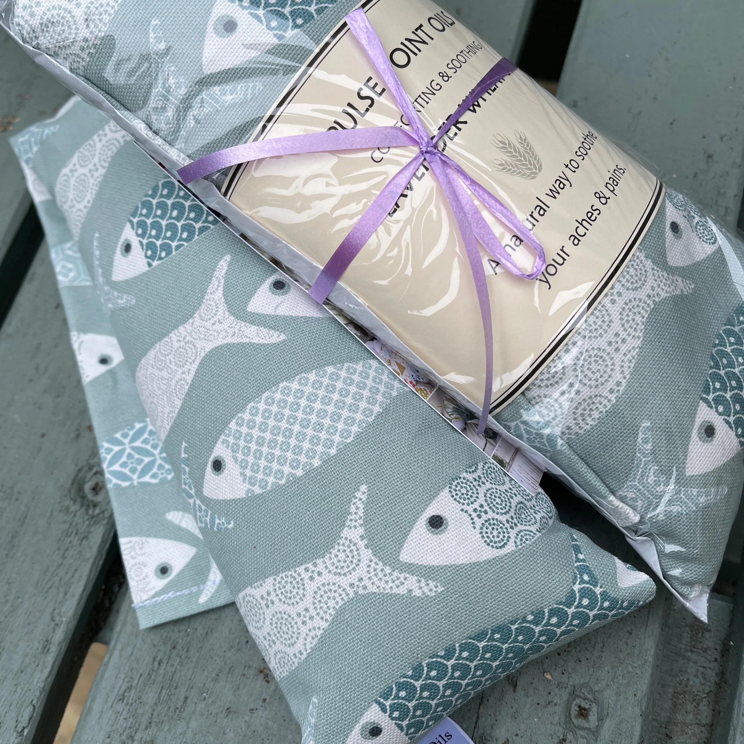 Long lavender scented wheat bags, in a yellow floral fish print. Holistic heat pad for aches and pains. New mum care package heat wrap.