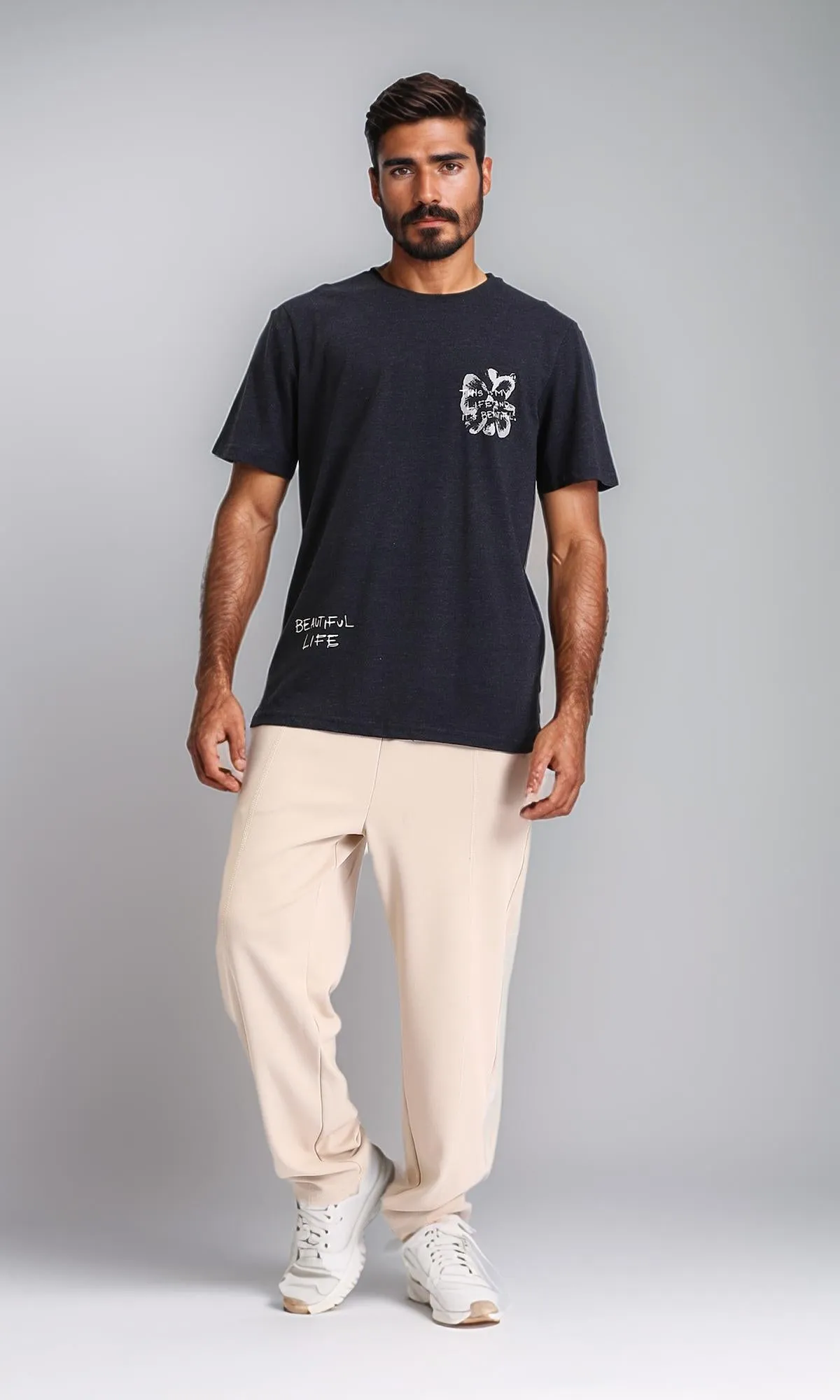 R208581 - Printed "Beautiful Life" Elbow Sleeves Tee - Heather Black