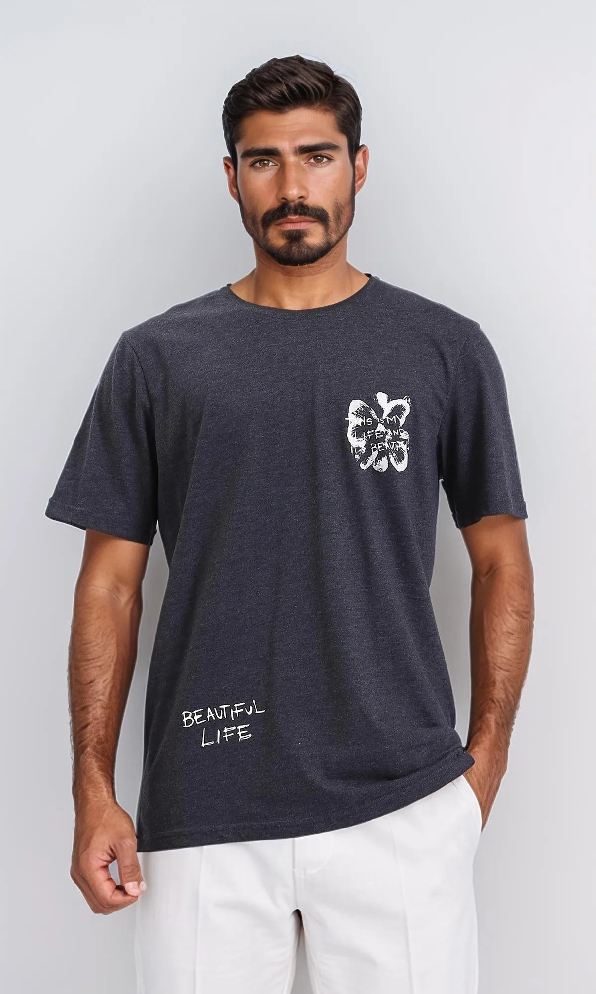 R208581 - Printed "Beautiful Life" Elbow Sleeves Tee - Heather Black