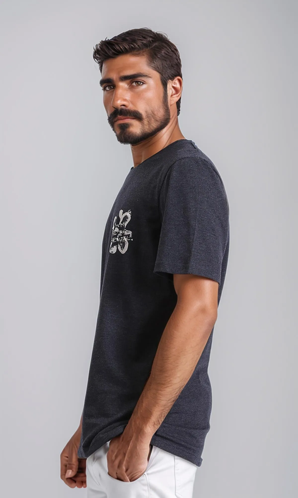 R208581 - Printed "Beautiful Life" Elbow Sleeves Tee - Heather Black