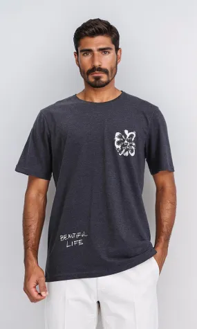 R208581 - Printed "Beautiful Life" Elbow Sleeves Tee - Heather Black
