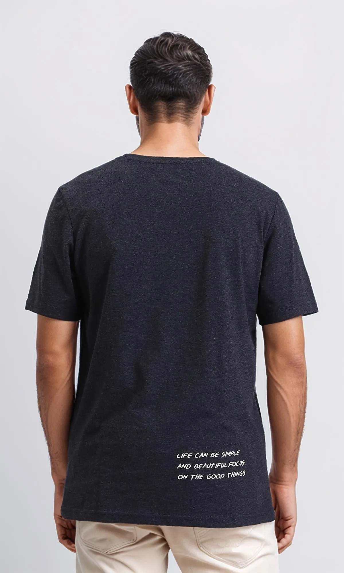 R208581 - Printed "Beautiful Life" Elbow Sleeves Tee - Heather Black