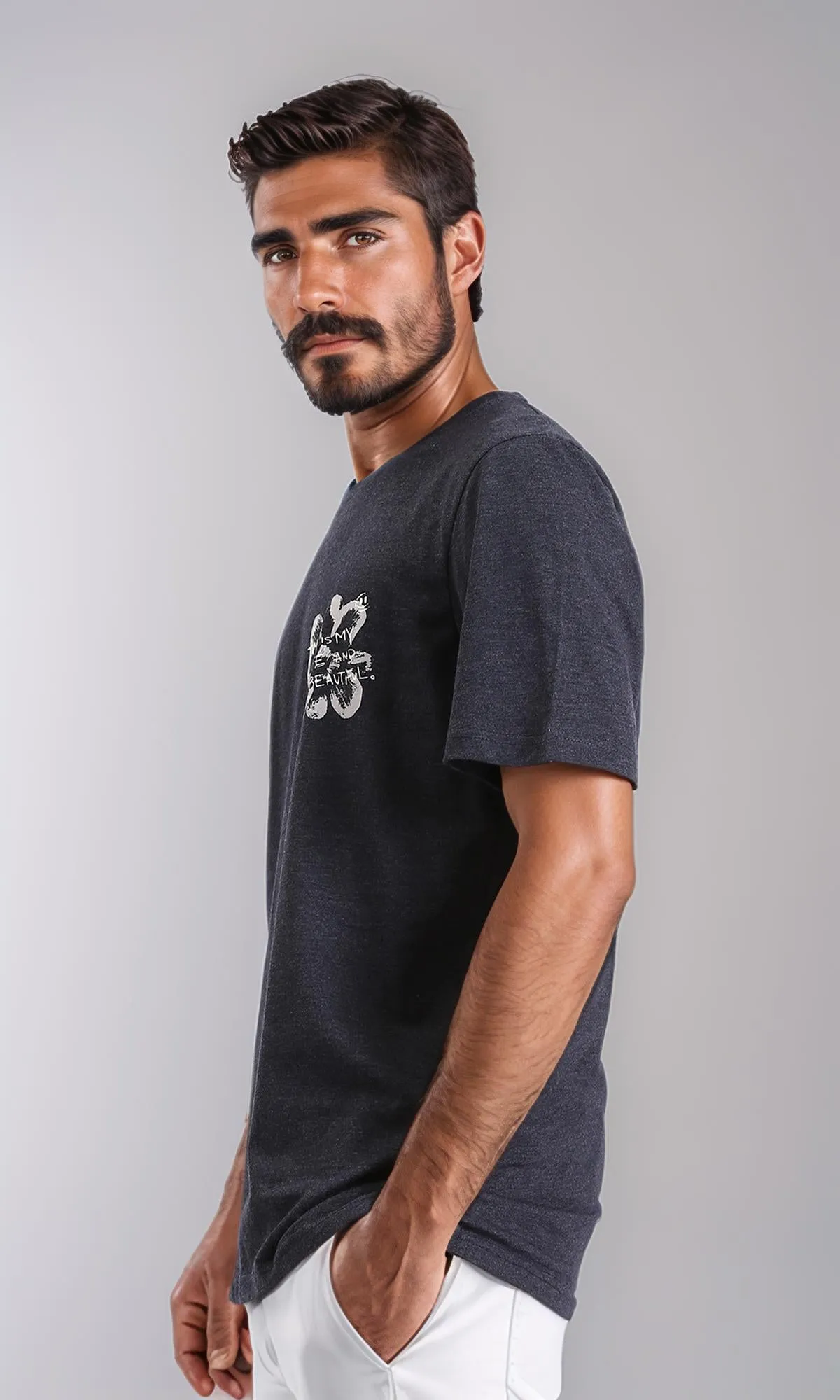 R208581 - Printed "Beautiful Life" Elbow Sleeves Tee - Heather Black