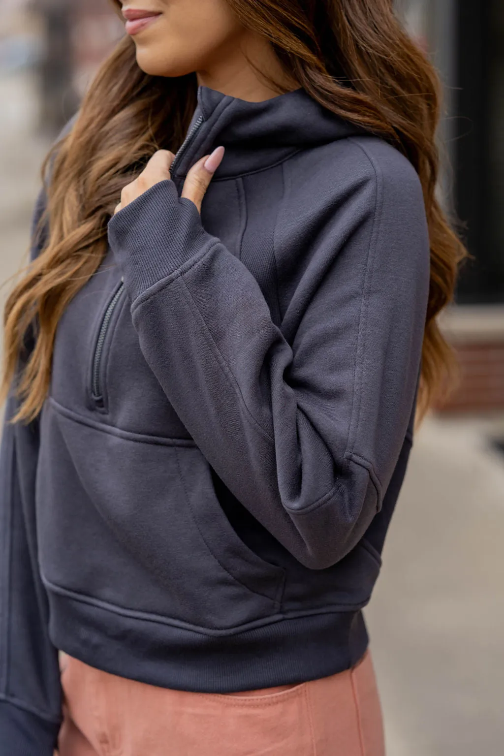 Ribbed Panel Half Zip Hooded Sweatshirt