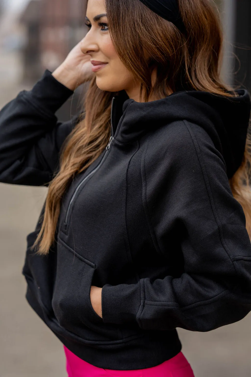 Ribbed Panel Half Zip Hooded Sweatshirt