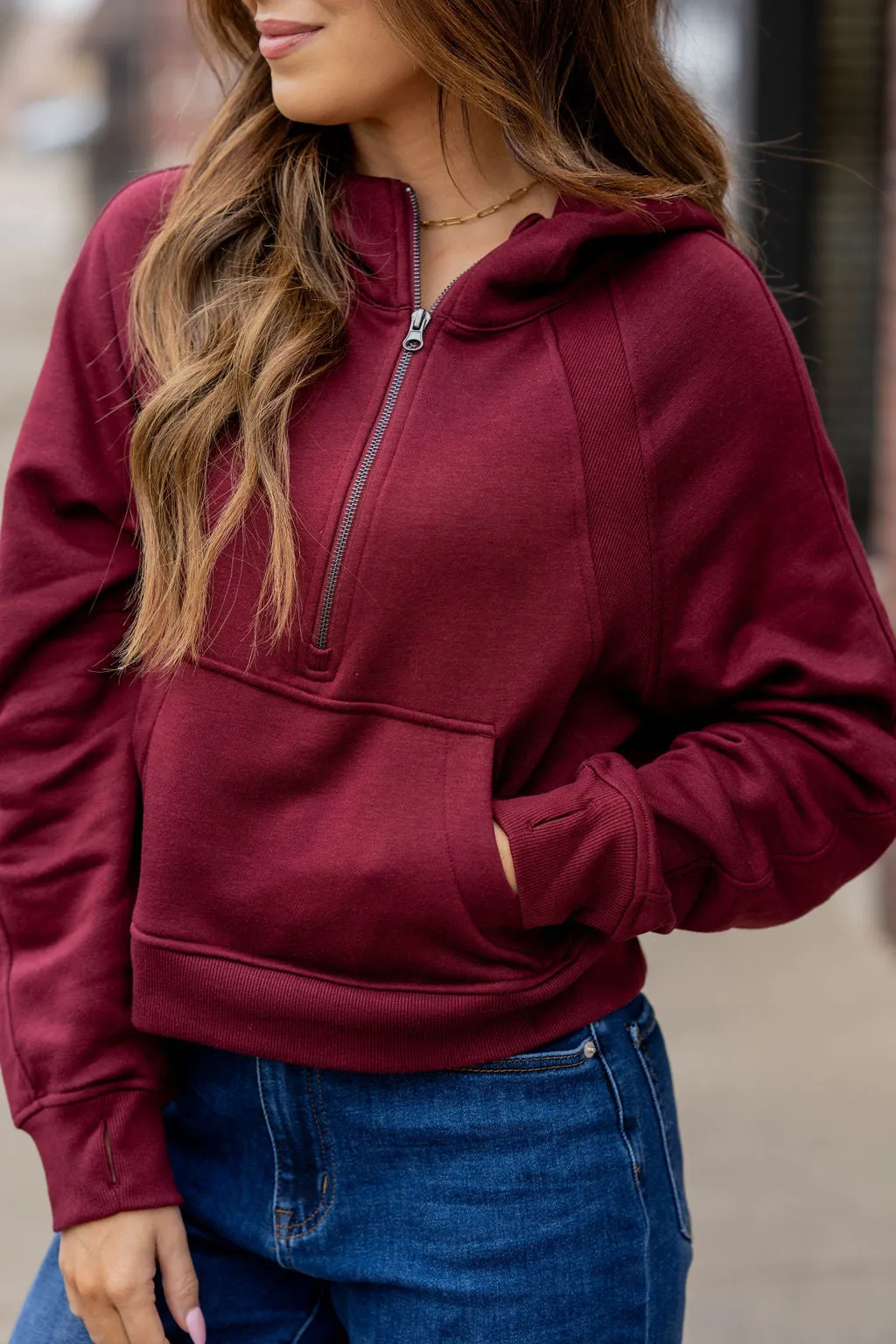 Ribbed Panel Half Zip Hooded Sweatshirt