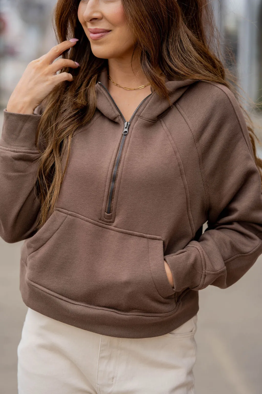 Ribbed Panel Half Zip Hooded Sweatshirt