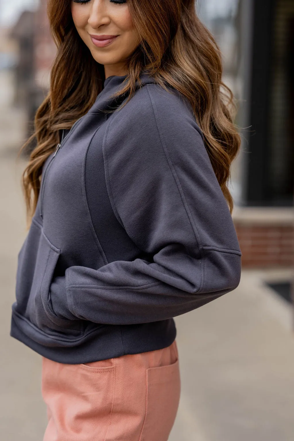 Ribbed Panel Half Zip Hooded Sweatshirt