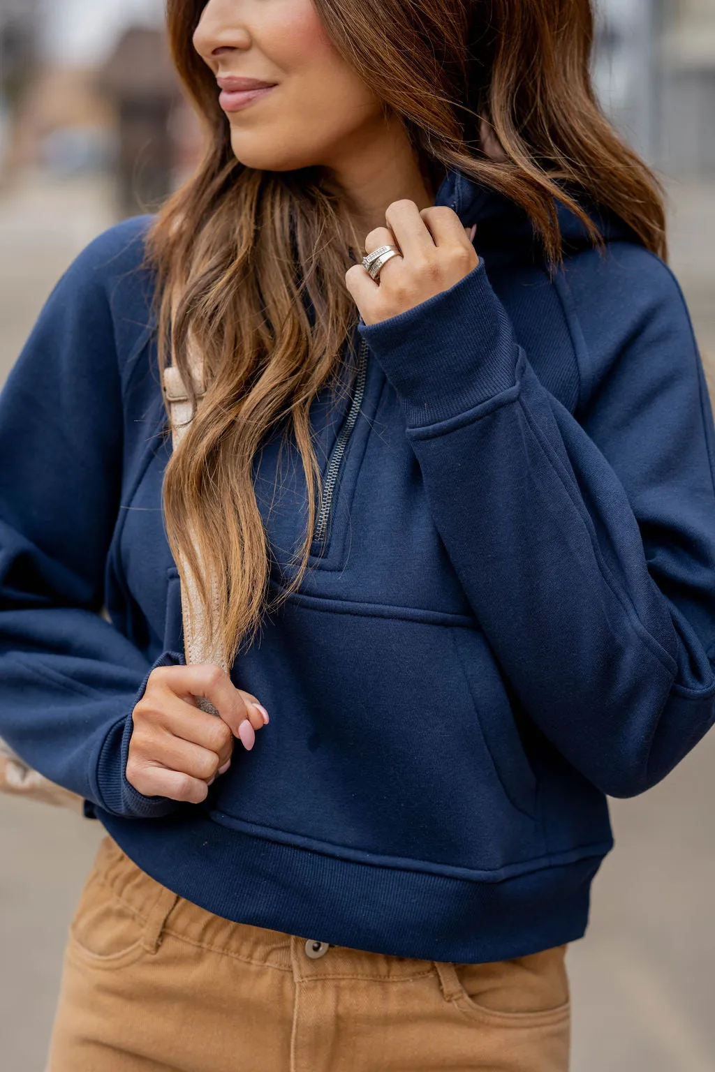 Ribbed Panel Half Zip Hooded Sweatshirt