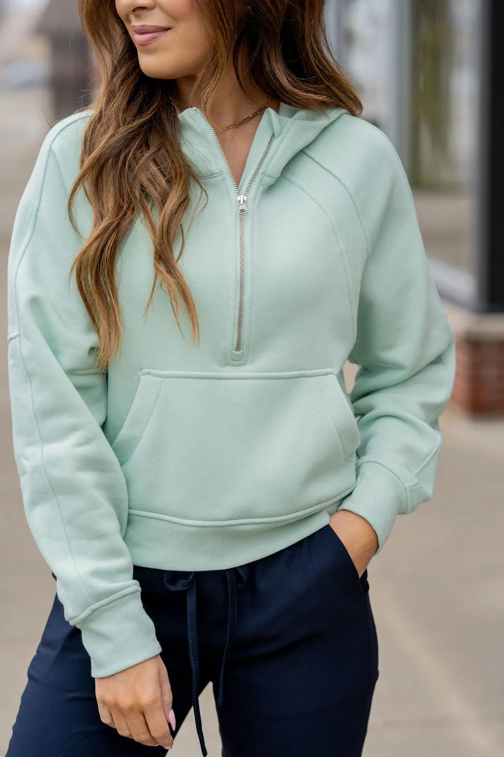 Ribbed Panel Half Zip Hooded Sweatshirt