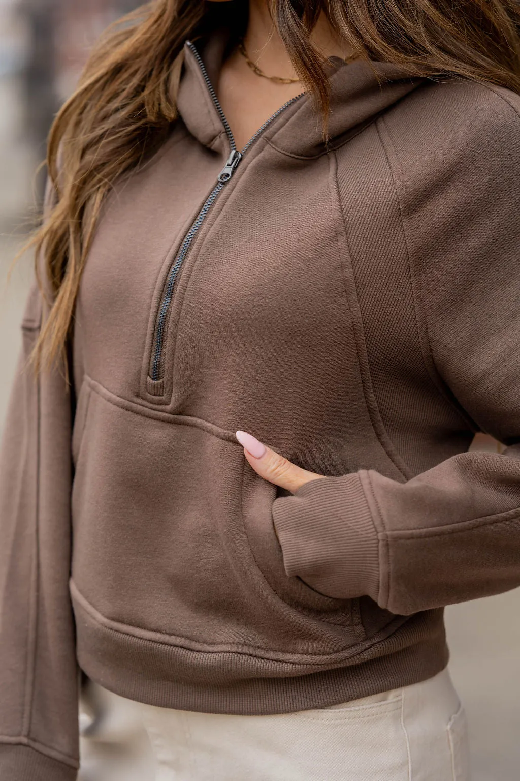Ribbed Panel Half Zip Hooded Sweatshirt