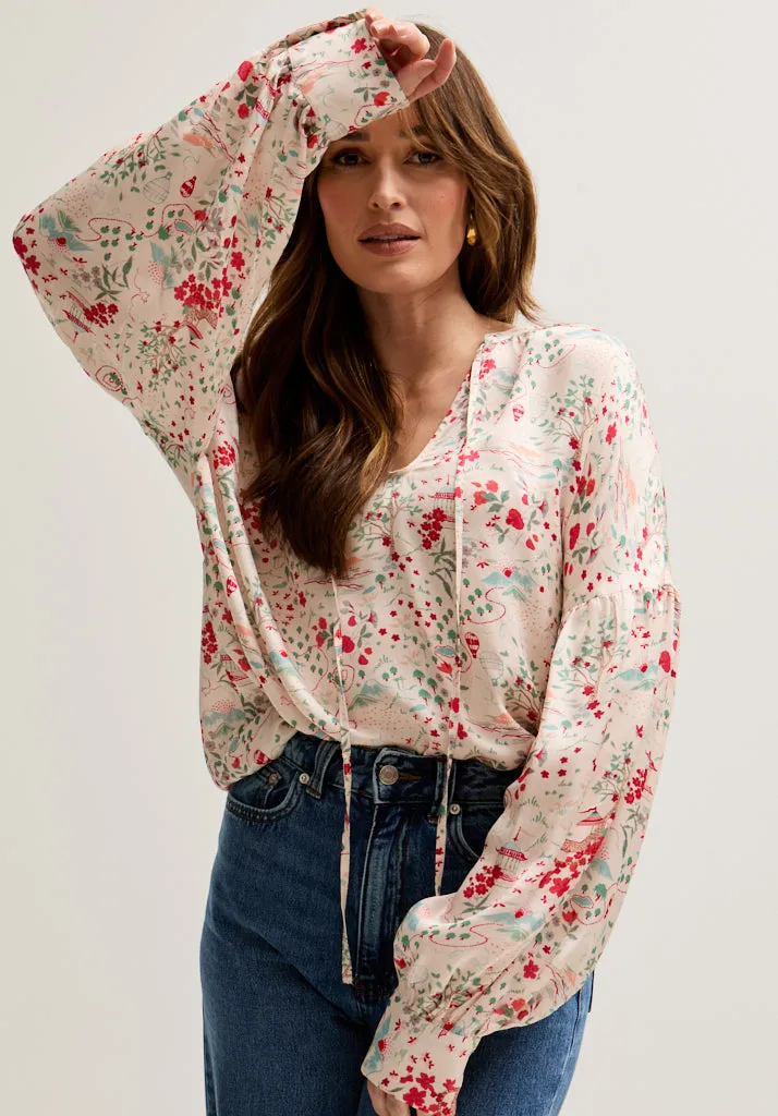 Rosetti Billowy Sleeves Wishing Well Floral Print Blouse In Multi