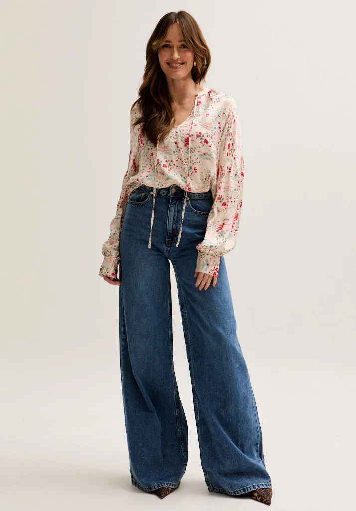 Rosetti Billowy Sleeves Wishing Well Floral Print Blouse In Multi