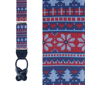 Ugly Christmas Sweater Red and Navy Patterned Silk Button End Braces